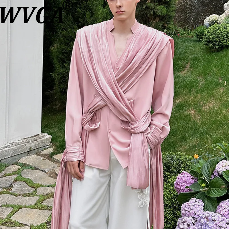 

WVGA Spring Summer New Men's Tide Niche High-End Design Ribbon Trendy Long Sleeve Shirt Casual Turn-Down Collar Tops Ins W17979