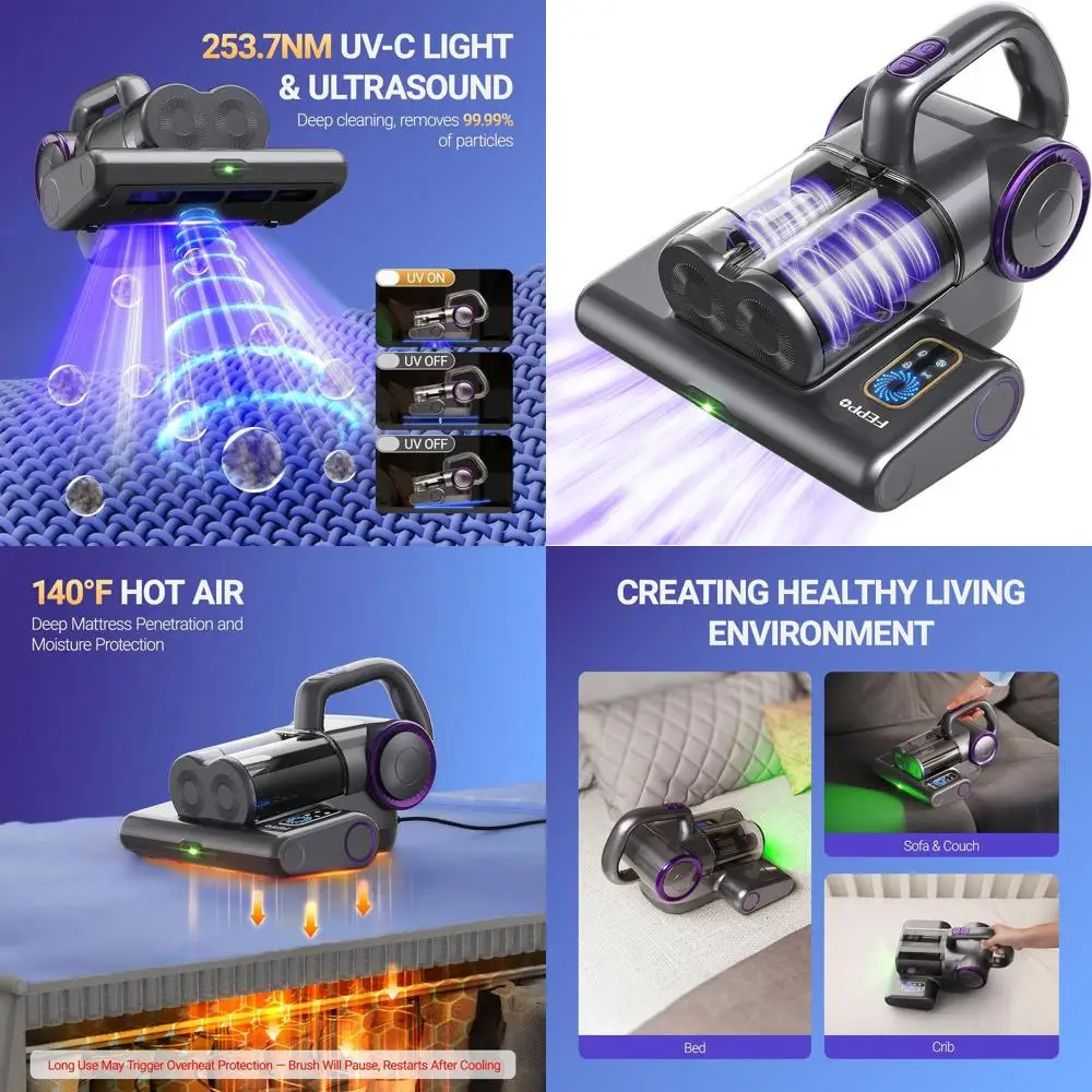 

Проводной пылесос мощностью 500 Вт с УФ-C, подогревом, HEPA и ультразвуком для глубокой очистки матрасов, диванов и кроватей.