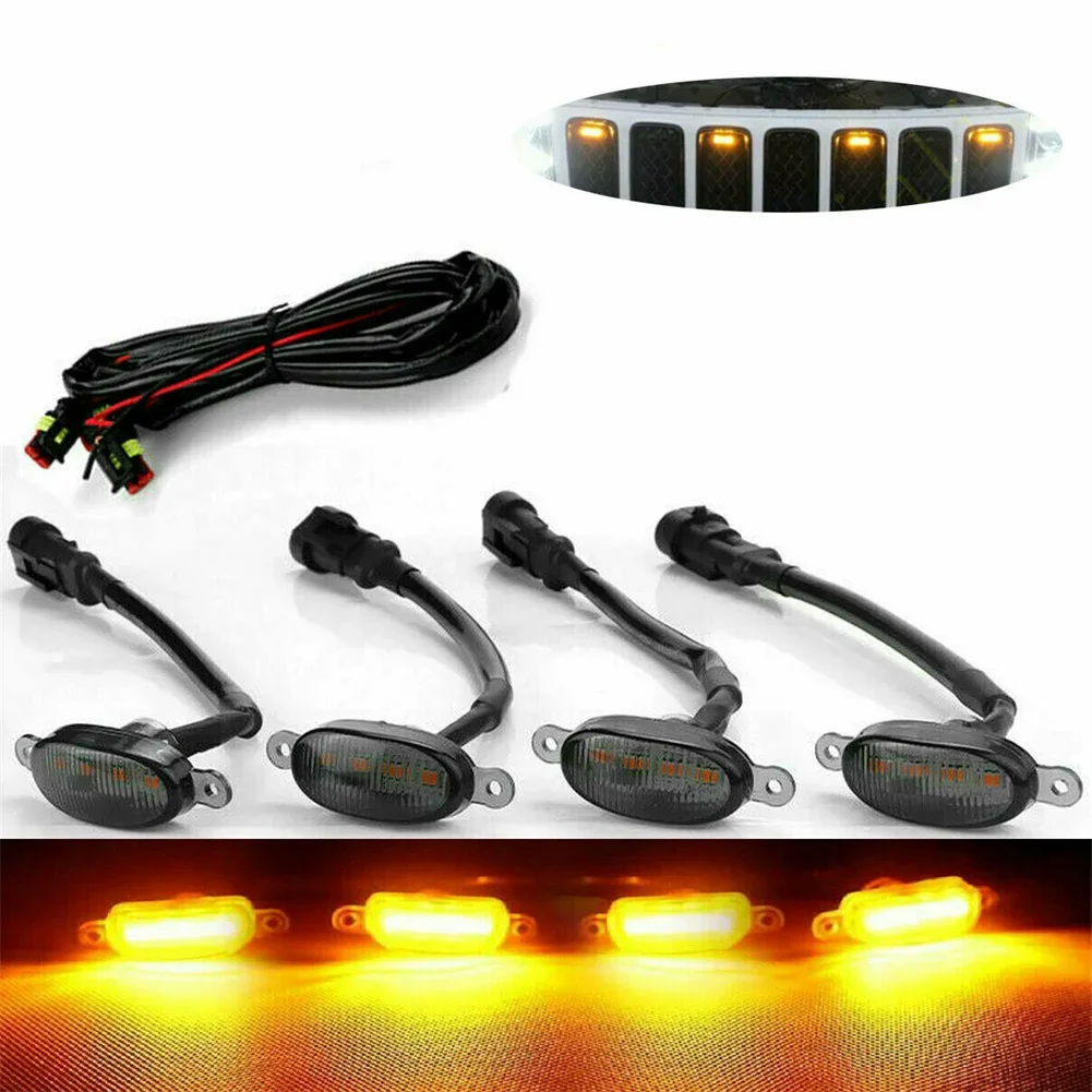 4Pcs Front Grille LED Light Raptor Style Grill ABS-Plastic DIY For Jeep Grand-Cherokee 2003-2021 Decorative Lamps Decorate Car