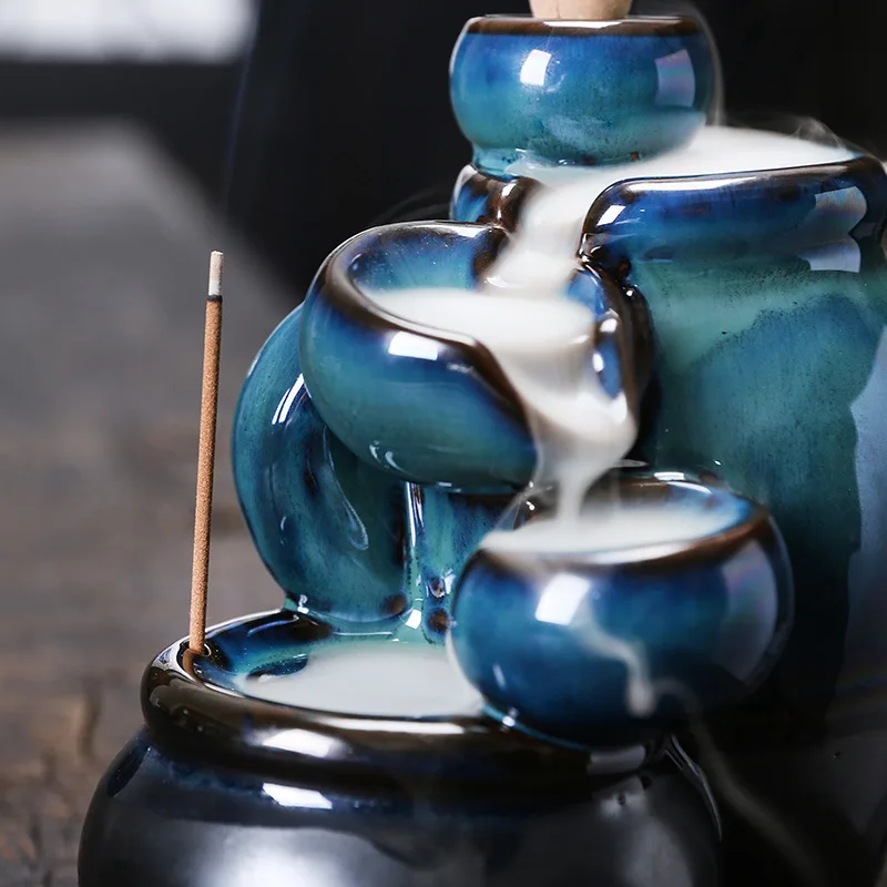 

WW original ceramic teacup reversing incense burner, creative blue incense burner reversing home ornament crafts