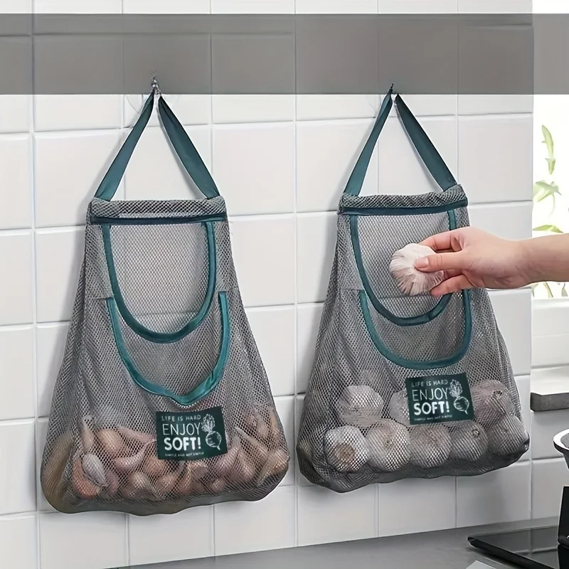 2Pcs Wall Hanging Mesh Storage Bags Double Pocket Organizer with Hooks, Fruit Veggie Ginger Garlic Drain Bag Kitchen Outdoor Pro