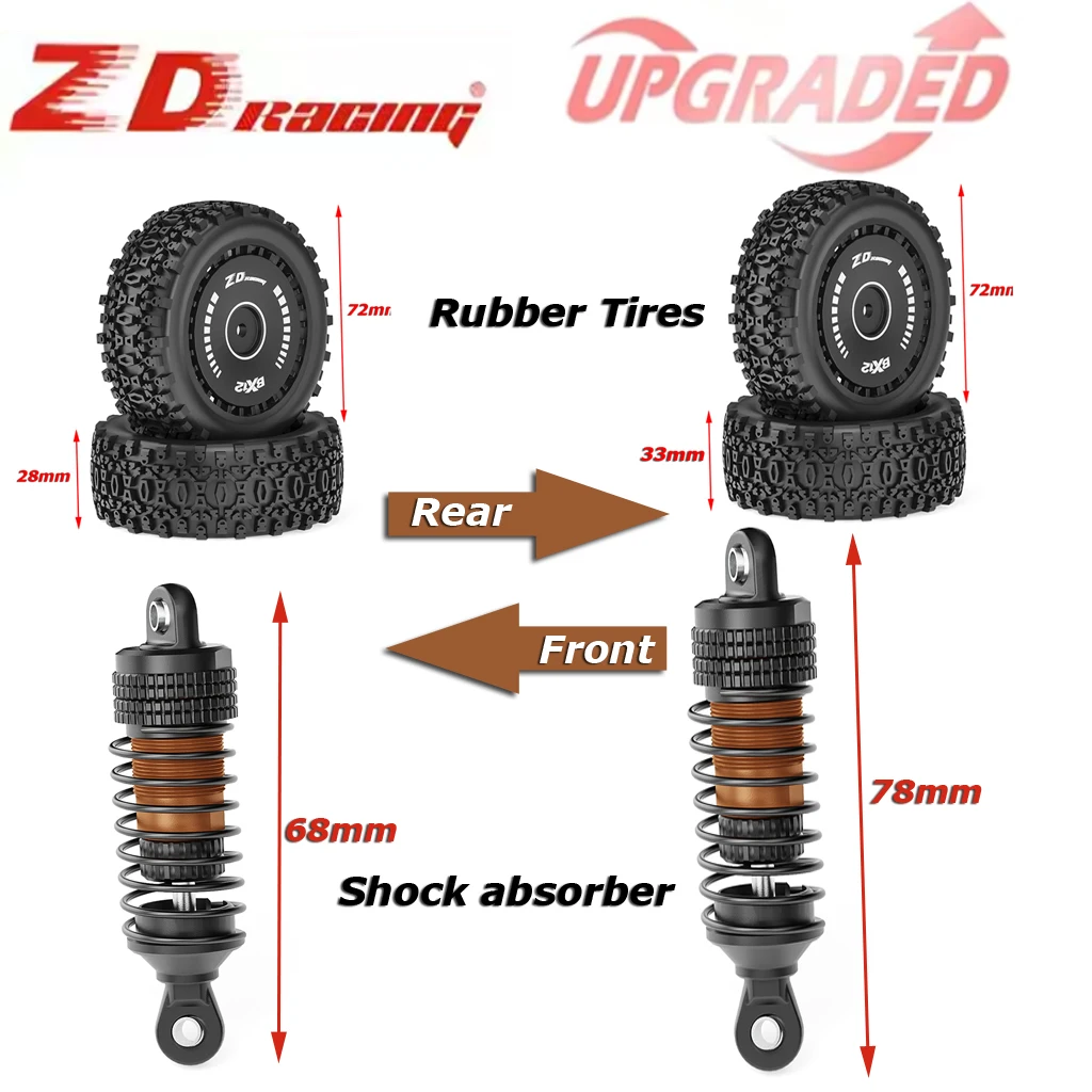 

RC Car Parts Rubber Tires 12mm Hex Metal Shock absorber Damper Front Rear Combo for 1/12 ZD Racing BX12 RC Racing Off-Road Car
