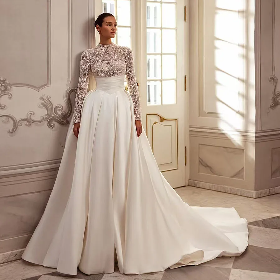 

Элегантное свадебное платье трапециевидной формы без рукавов с круглым вырезом и жемчугом, белое бальное платье с иллюзией, свадебное платье 2025 Vestidos De Novia