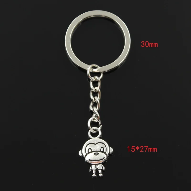 Fashion 30mm Key Ring Metal Key Chain Keychain Jewelry Antique Silver Color Plated Double Sides 3D Monkey 15x27mm Pendant