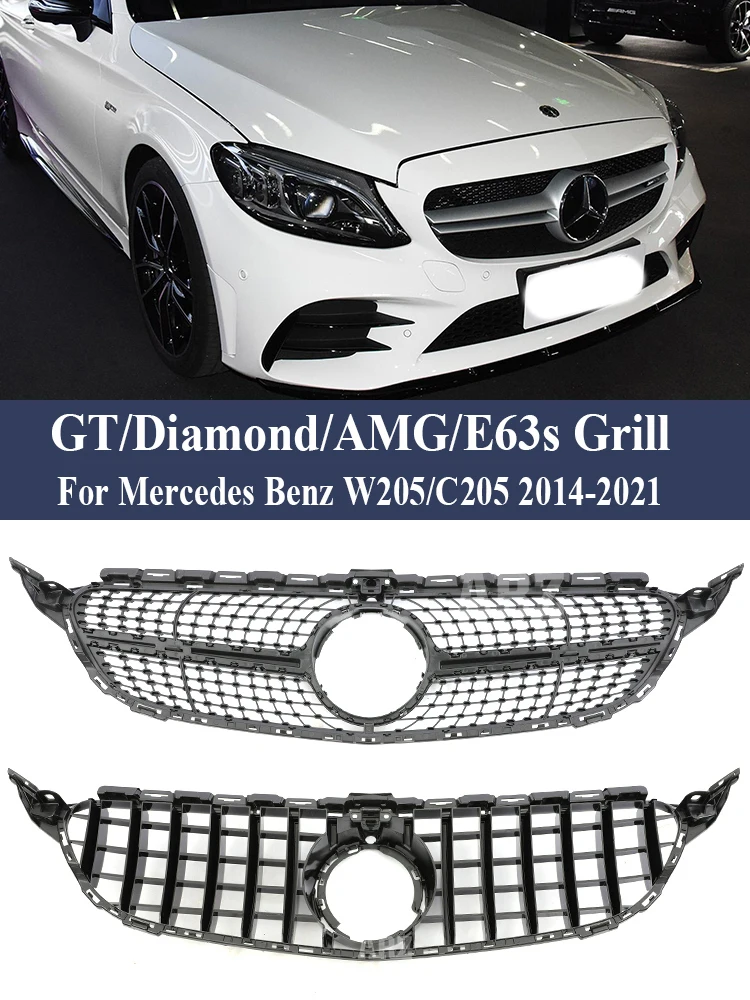 Front Grille Mercedes Panamericana GT For Benz C Class W205  2014-2021 Diamond C63 Grill C180 C200 C300 C350 AMG Style Silver