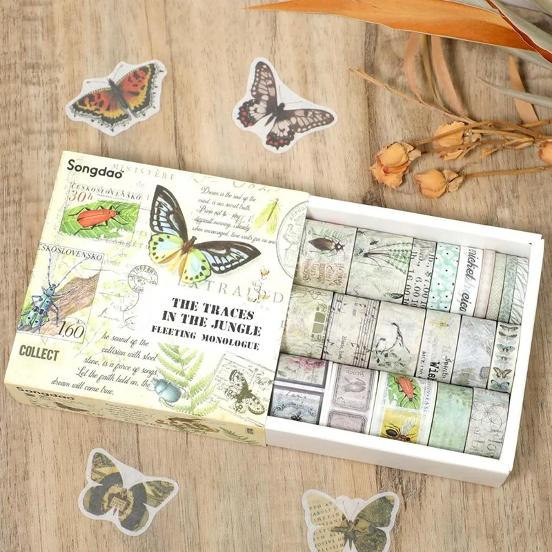 AB47-VINTAGE Washi เทปชุด 20 ม้วนหัตถกรรมเทปดอกไม้ผีเสื้อพฤกษศาสตร์ Washi Masking เทปม้วนเขียนได้เทปตกแต่ง