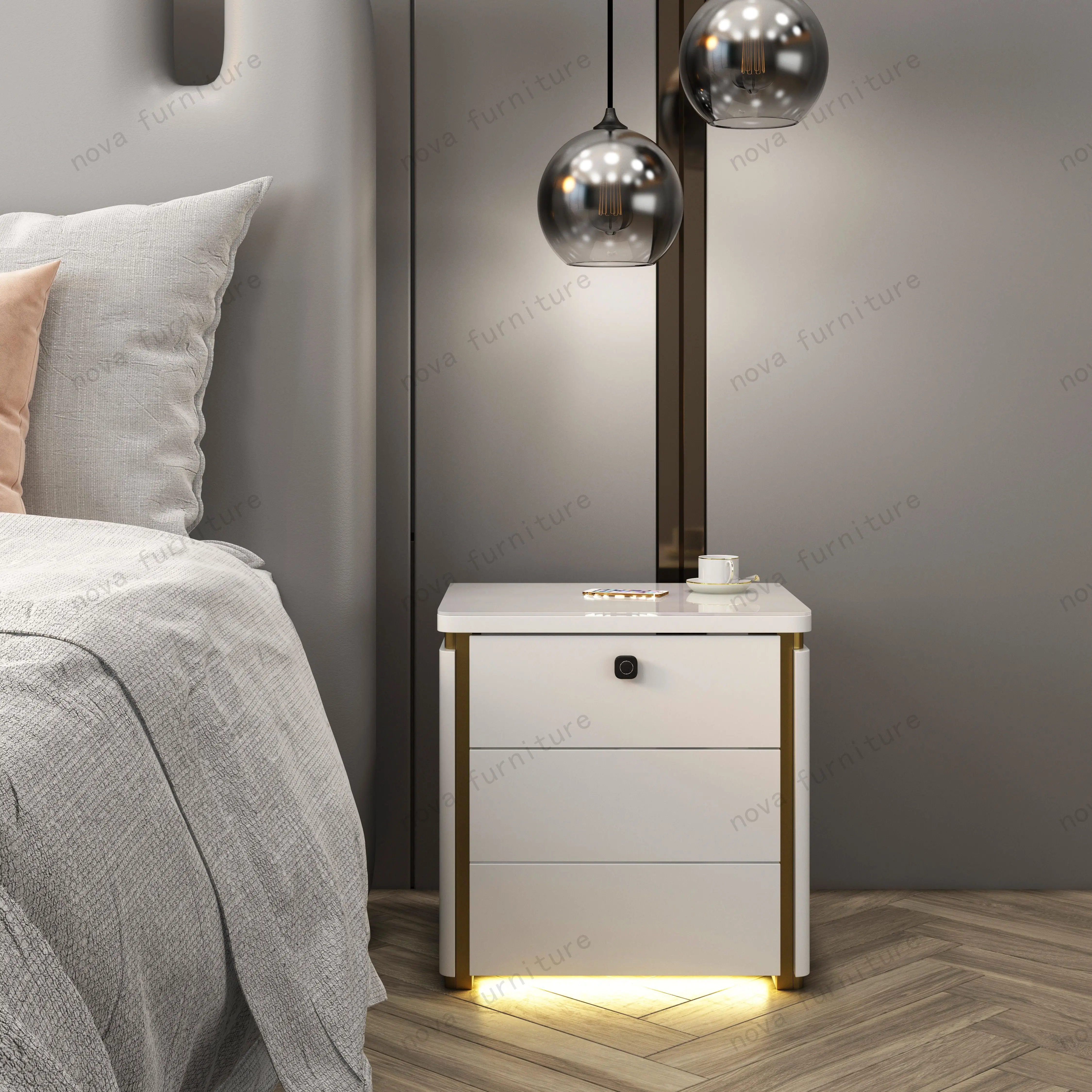 NOVA Intelligent Bedroom Furniture High Gloss Bedside Table Modern Simple Design White Smart Nightstands With Sensor Light Strip