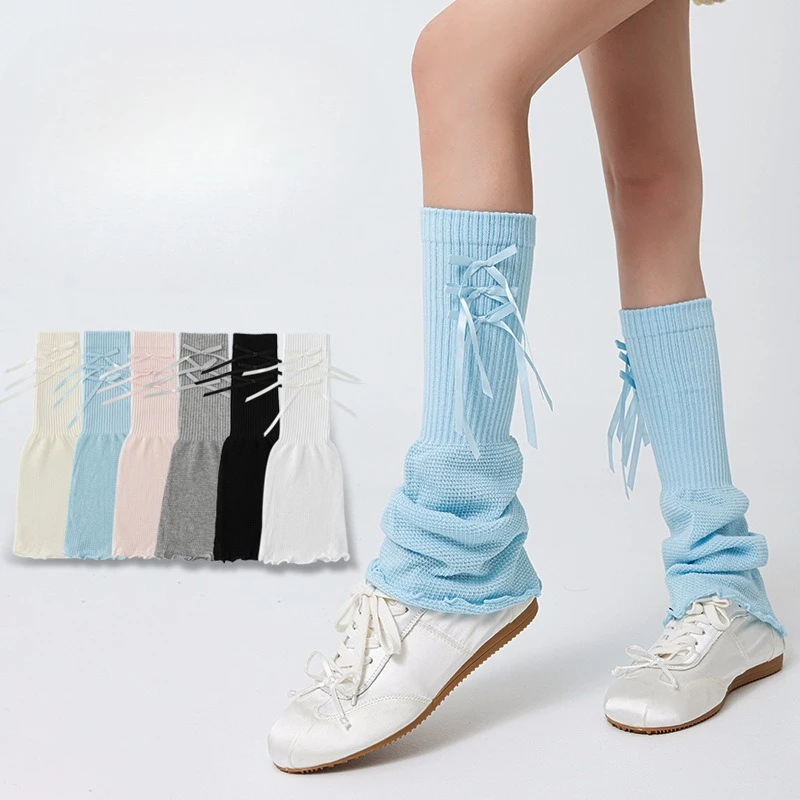 Y2K Lolita Girls Sweet Bow Leg Warmers Lace Strap Bowknot Foot Cover Solid Color Ribbon Middle Calf Socks Girls Party Daily Wear