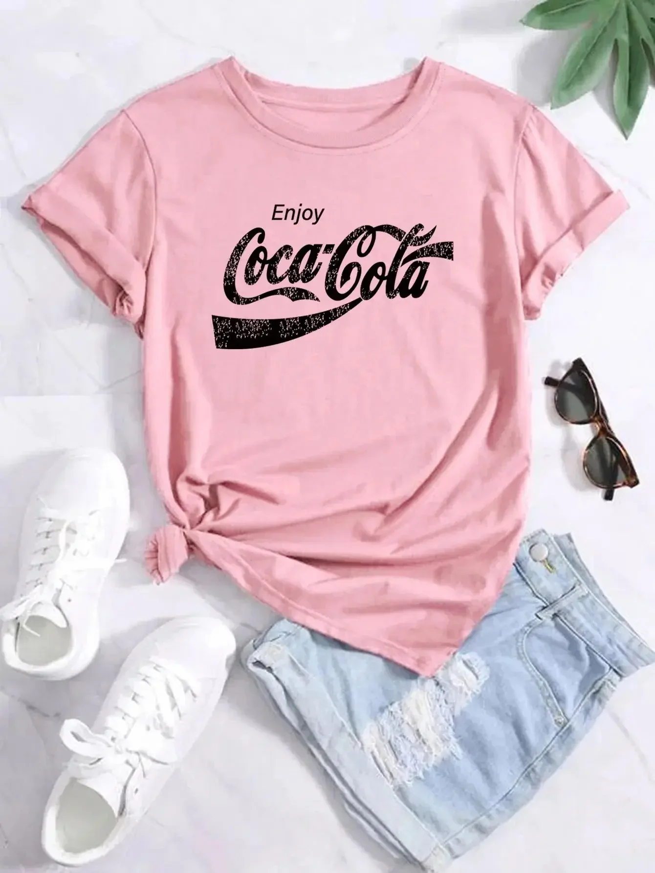 Plus Size Enjoy Coca Cola Tee Print Crew Neck T-shirt Women's Casual Loose Short Sleeve Fashion Summer T-Shirts Tops