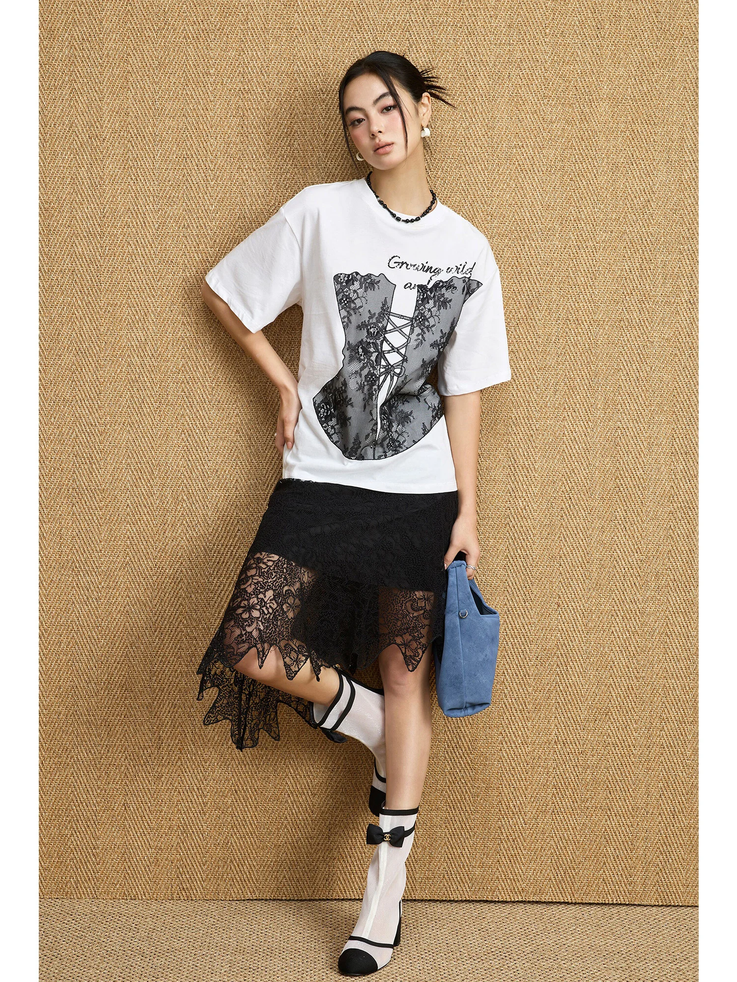 

MIUCO American Retro Waist-Cinching T-shirt Short Sleeve Women's Top Lace Asymmetrical Skirt Two-Piece Set Spring Fashion