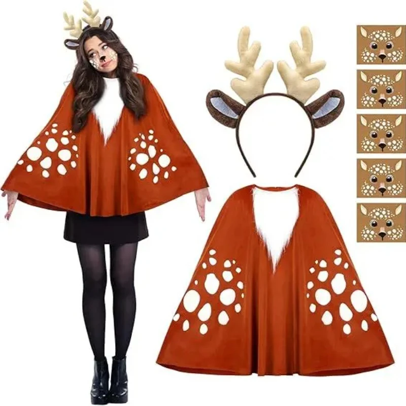 Christmas Deer Cosplay Costume Adult Women Reindeer Claok Headwear Suit Xmas Party Carnival Performance Uniform
