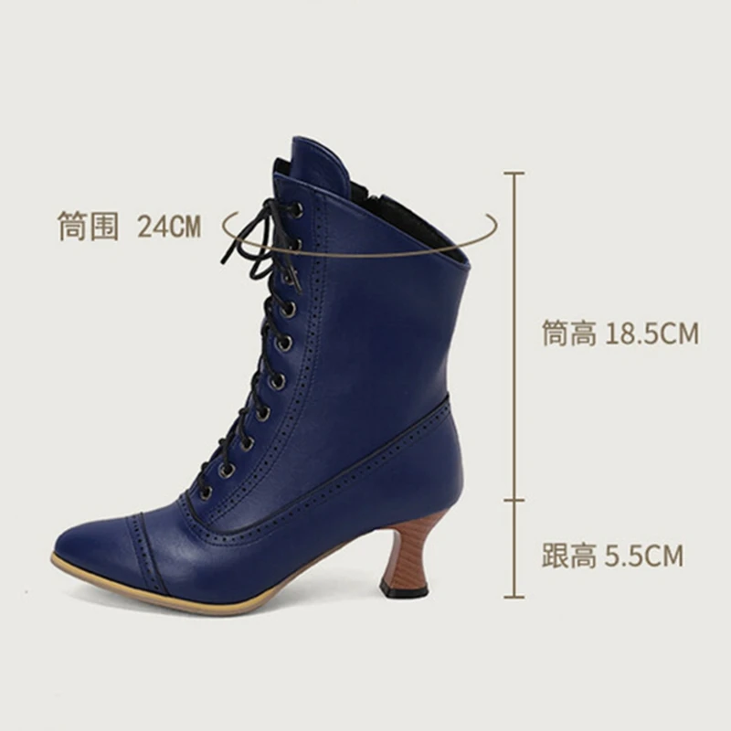 Girseaby Women New Pointed Toe Ankle Boots 5.5cm Thin Heels Lace Leather Big Size US13 US16 46 47 48 Blue Black Brown Green