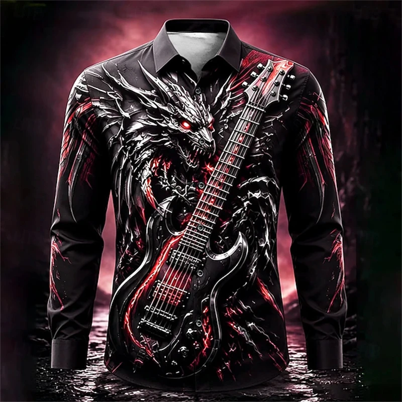 Men Fashion Long Sleeve Shirt Dark Fantasy Dragon Music Graphic Print Nightclub Halloween Festival Top
