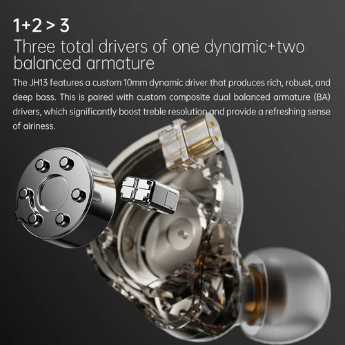 Imagen 2 del producto IEMs híbridos HiFi FiiO JH13: controladores 1DD + 2BA, auriculares para audiófilos con placa frontal de madera y cable desmontable de 2 pines de 0,78 mm