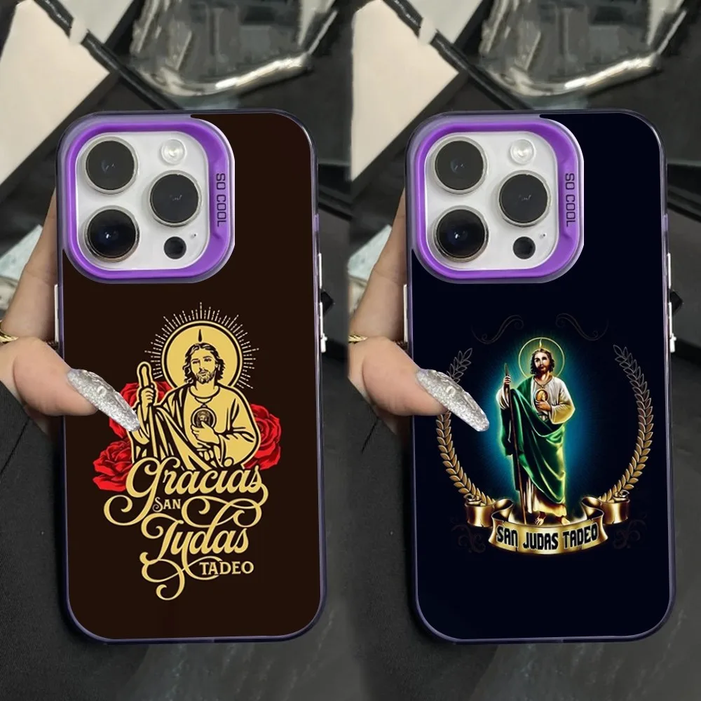 

San Judas Tadeo Religious Phone Case For iPhone 16,15,14,13,12,11,Mini,Pro,SE,MAX Purple Matte Silicone Cover