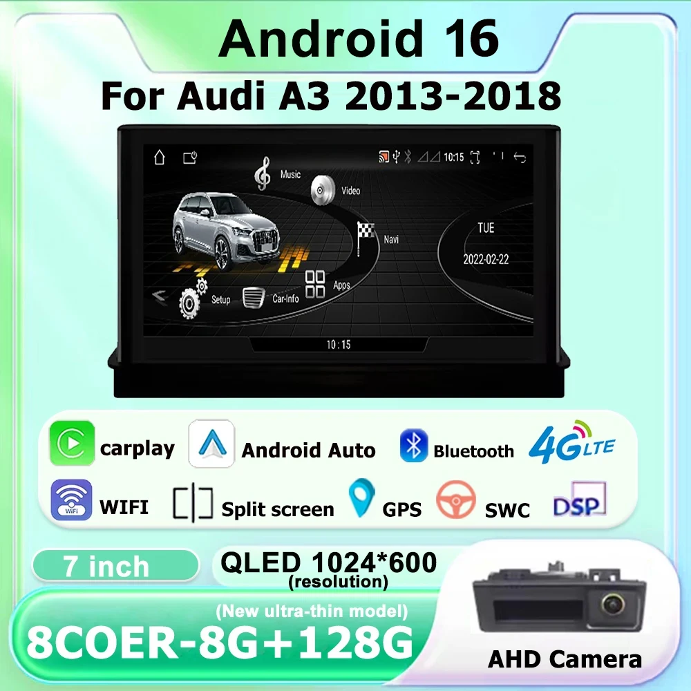 Android 16 Touch Screen 7 Inch For Audi A3 2013-2018 Car Accessories Auto Carplay Monitors Multimedi Audio Video Radio Player
