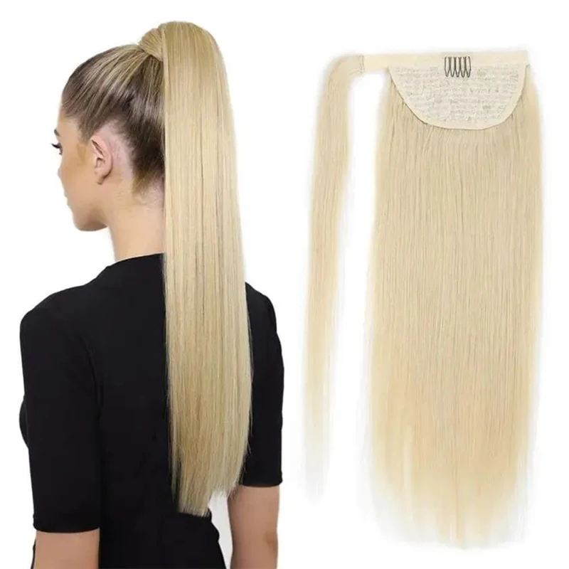 Cola de Caballo rubia 613 recta, cabello brasileño, cola de caballo con pasta mágica, urdimbre alrededor, Clip marrón en extensiones de cabello humano