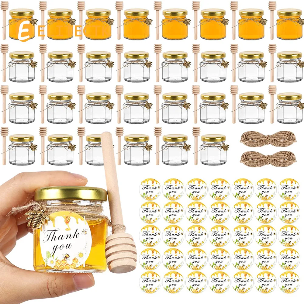 20 Pack Hexagon Mini Glass Honey Jars with Wooden Dipper Gold Lids Gold Bee Pendants Jutes 20 Pack- Perfect for Baby Showers