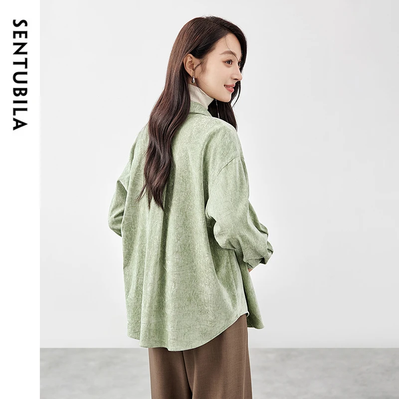 SENTUBILA Corduroy Embroidery Shirt Women 2024 Winter Folds Turn Down Collar Button Down Solid Casual Female Blouse 144C57426