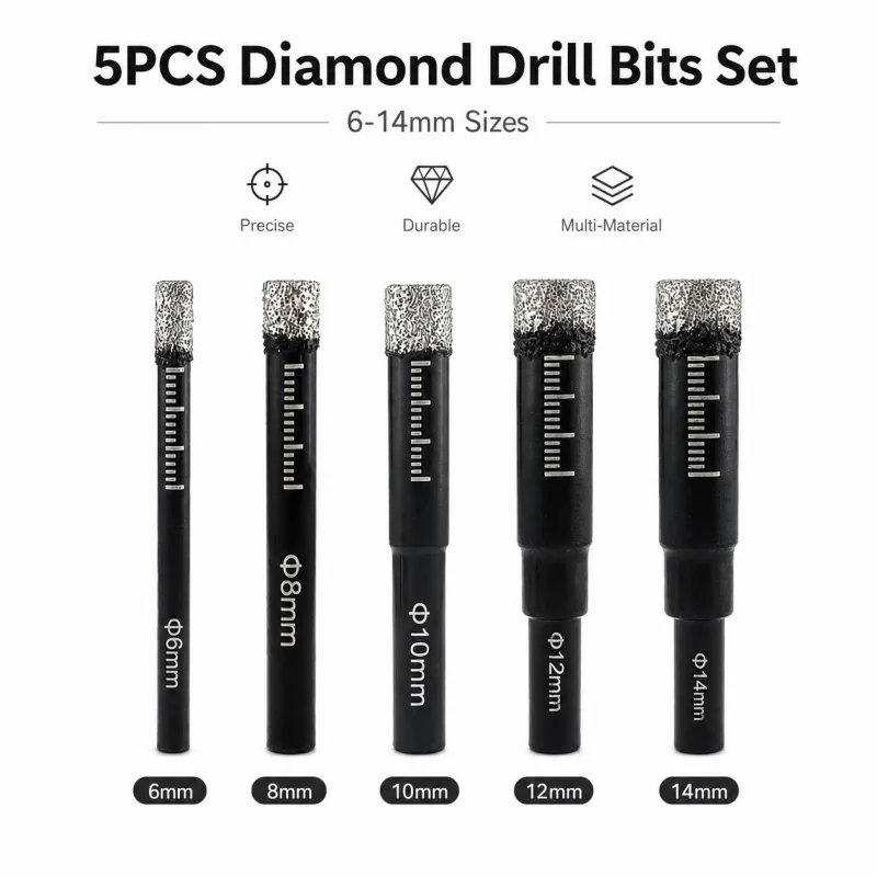 5Pcs Vacuum Brazed Diamond Core Drill Bits 6-14mm Tile Hole Saw for Ceramic Porcelain Marble Glass Drilling Bit Set