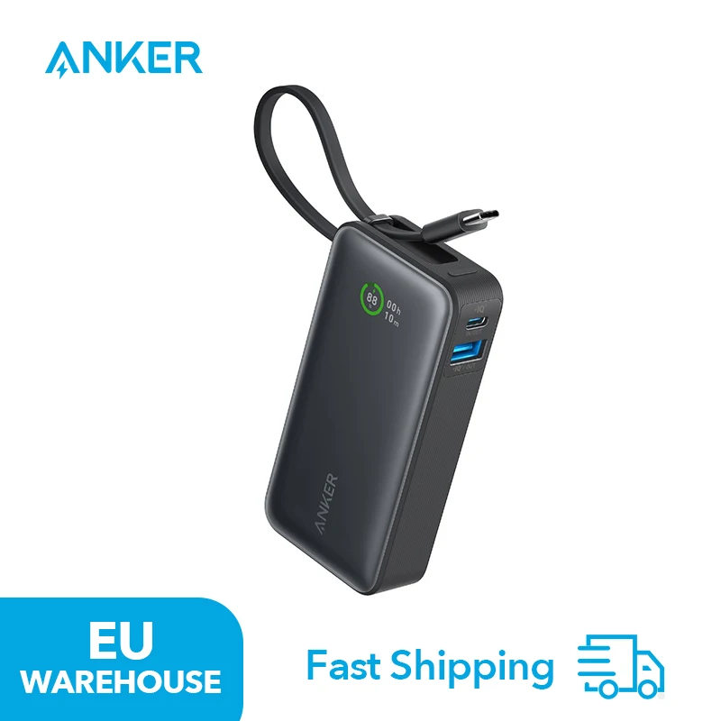 Anker Nano Power Bank 10,000 mAh Power Bank con Cable USB-C Integrado PD 30 W de Potencia Máxima Con 1 x USB-C, 1 x USB-A Compa