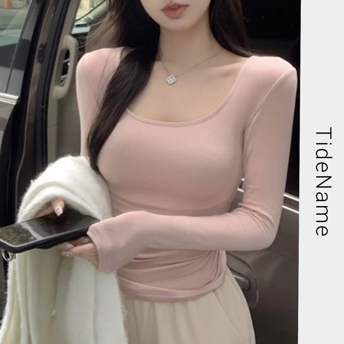 Long Sleeve Top Women's Gentle Pink Square Collar Short Undershirt Spring  Summer Brushed Slim Fit round Neck Fashion All-Match