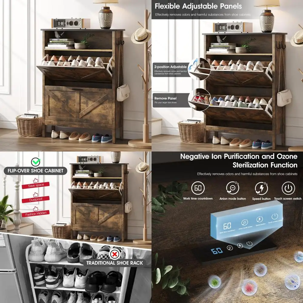 Freestanding Shoe Organizer Cabinet with Flip Drawers and Automatic Deodorization, Brown, for Efficient Shoe Storage