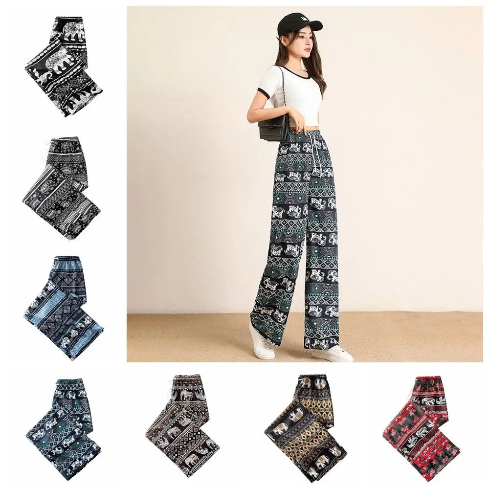 

Colorful Thai Elephant Printed Pants Boho Pattern Casual Wide Leg Pants for Women Flared Bottom Comfy Women's Harem Pants