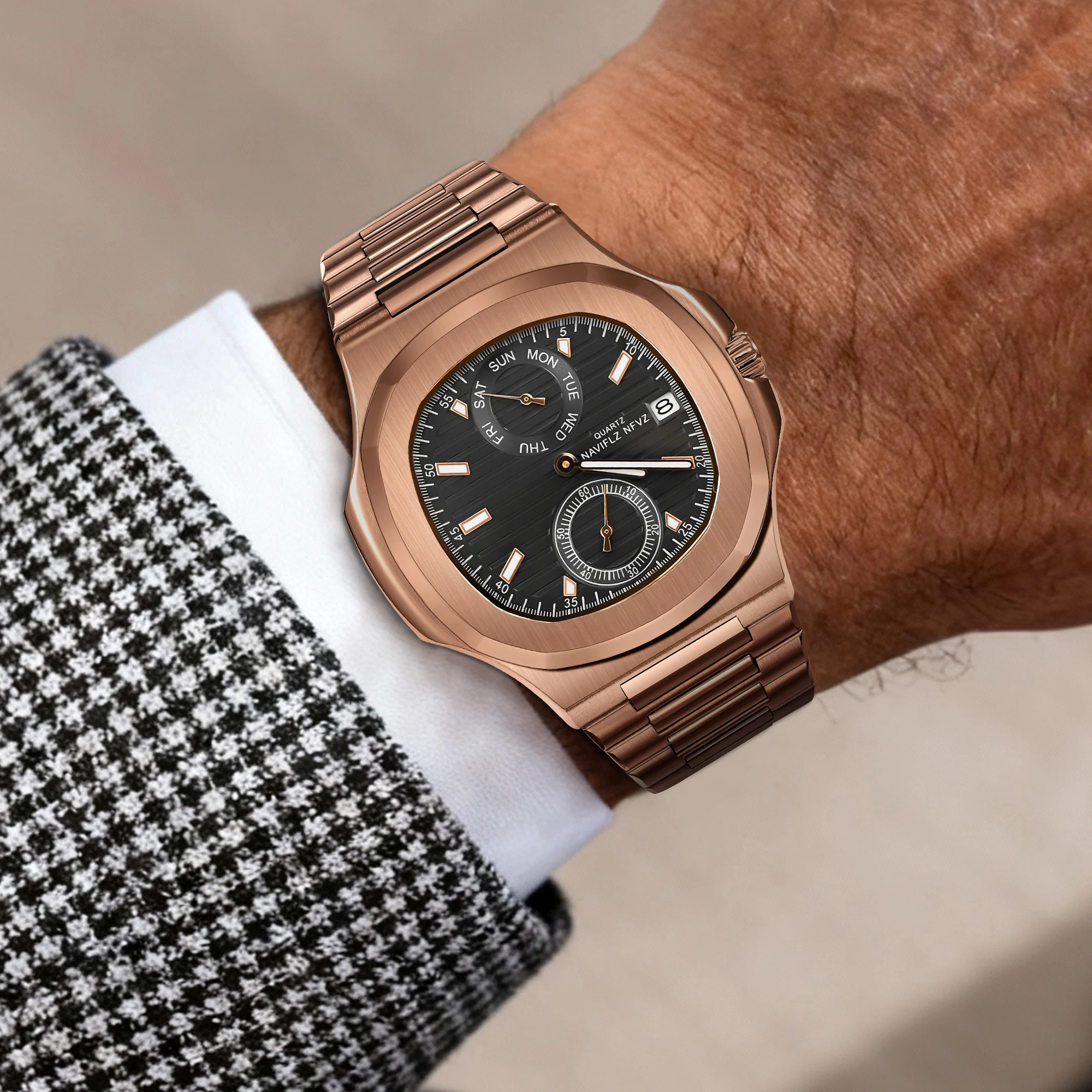 

Новые высококачественные мужские часы NAVIFLZ NFVZ класса люкс, кварцевые, многофункциональные, с календарем, ночной подсветкой, из нержавеющей стали, 2025 год