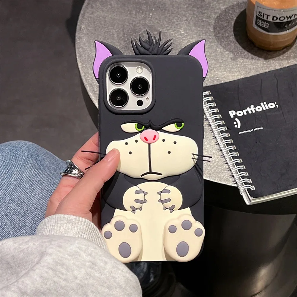 For iPhone 16 15 14 13 12 11 Pro Max 3D Lucifer Cat Cinderella Stretching Feet Stand Holder Cover Cute Cartoon Bracket Case