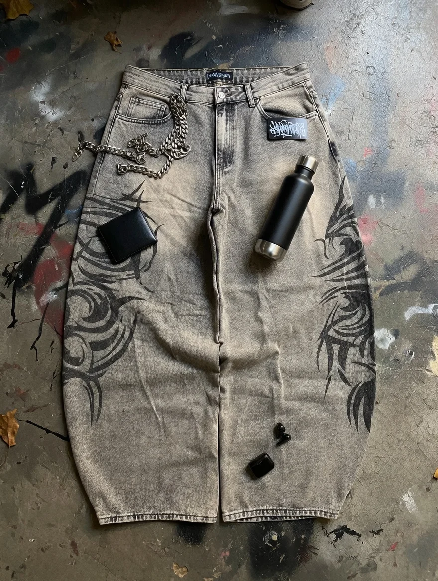 American Retro Streetwear Y2K Gray Printed Loose Jeans Hip Hop Harajuku Casual Washed Distressed Straight Floor Mopping Pants