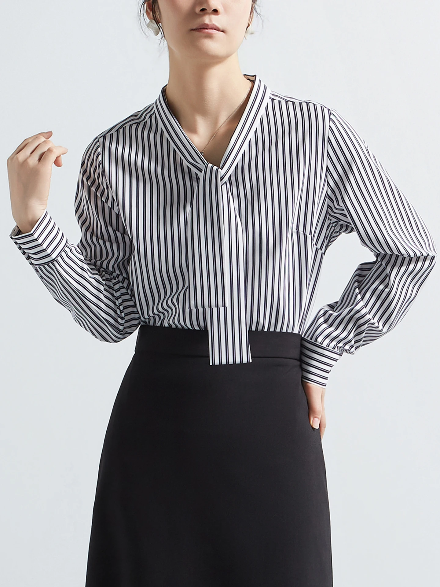 

CHICBLISS Deep Blue Striped Women's Long Sleeve Shirt Commute Office New Style Knot Sash Shirt OL Style Polyester F...