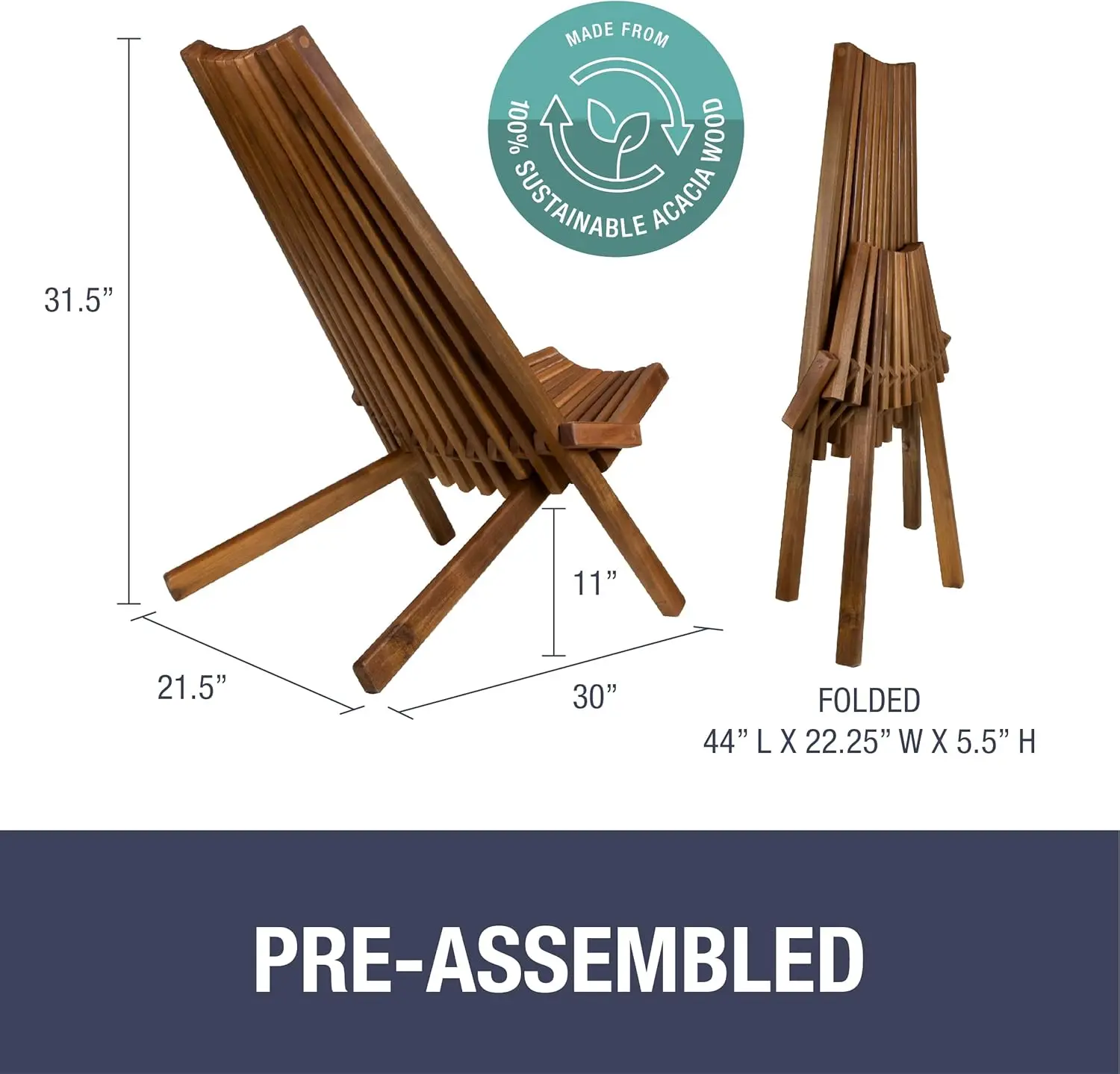 Tamarack Folding Wooden Outdoor Chair -Stylish Low Profile Acacia Wood Lounge Chair for the Patio, Porch, Lawn, Garden or Home