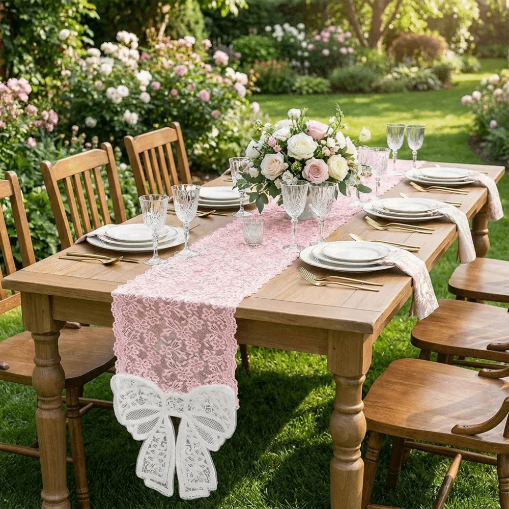 French Elegant Floral Cut-Out Lace Table Runner Bow Trim Long Strip Table Flag Vintage Romantic Table Cover Festival