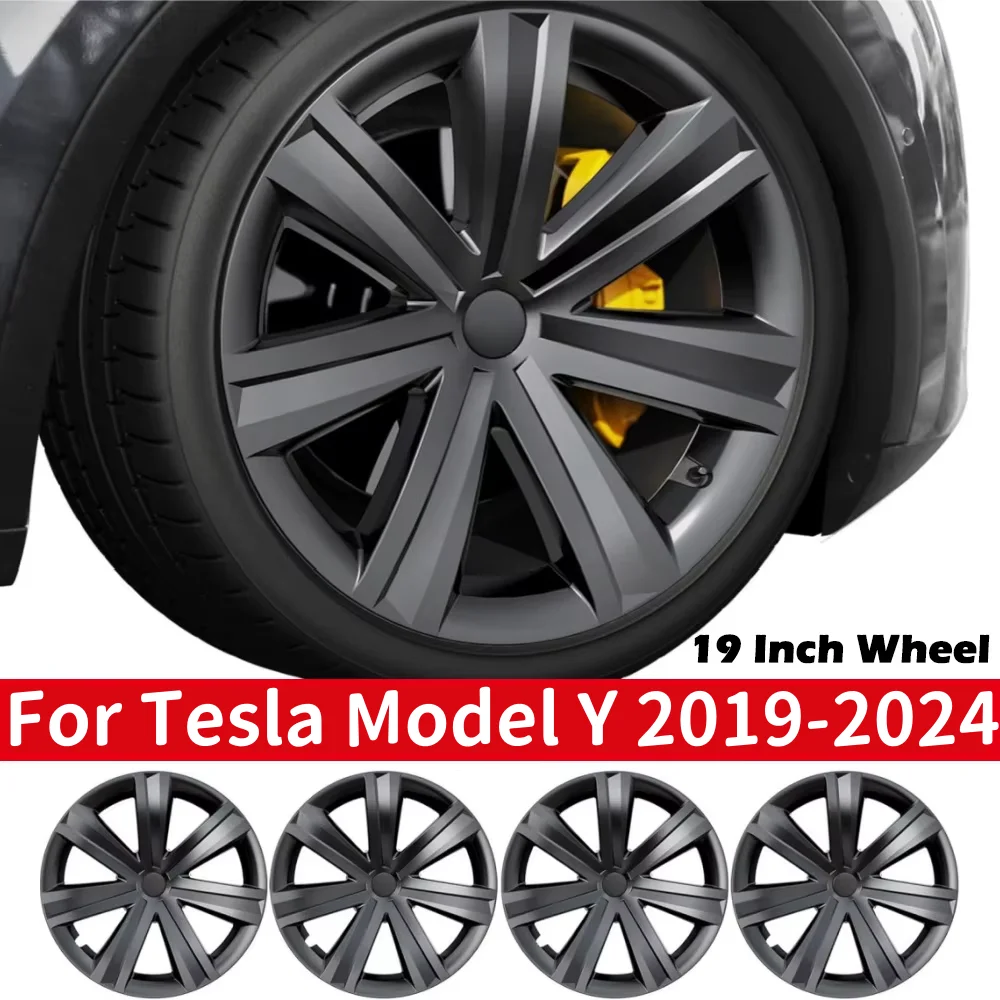 4PCS 19inch Hubcaps For Tesla Model Y 2024-2019, Upgraded Style Wheel Covers Replacement Support Range Improvement Rim Protector