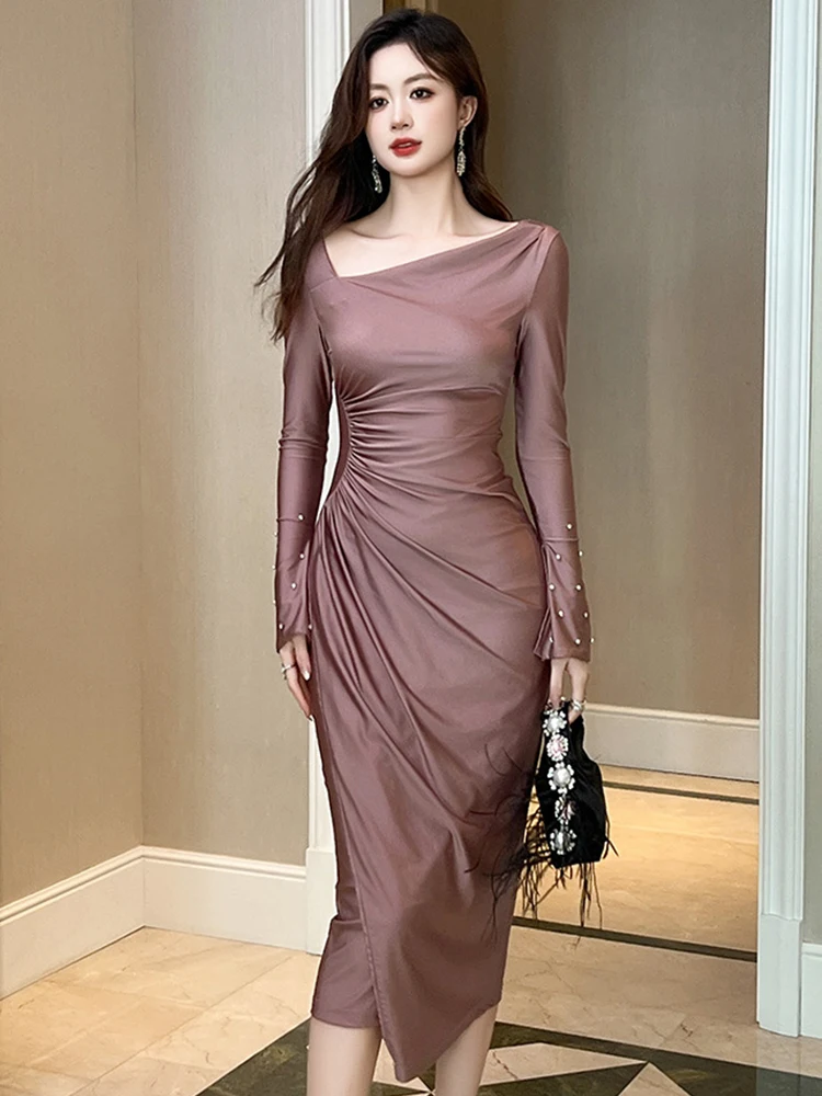 Sexy Avondjurk Elegant Temperament Schuine Schouders Geplooide Plooien Spleet Gewaad Feestjurken Vrouwen Kleding Banket Vestidos