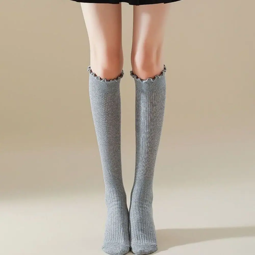 1Pair Cotton Knee-high Socks Ruffled Edge Japanese Style Long Tight Socks Sweat-absorbent Keep Warm Stacked Socks Fall Winter