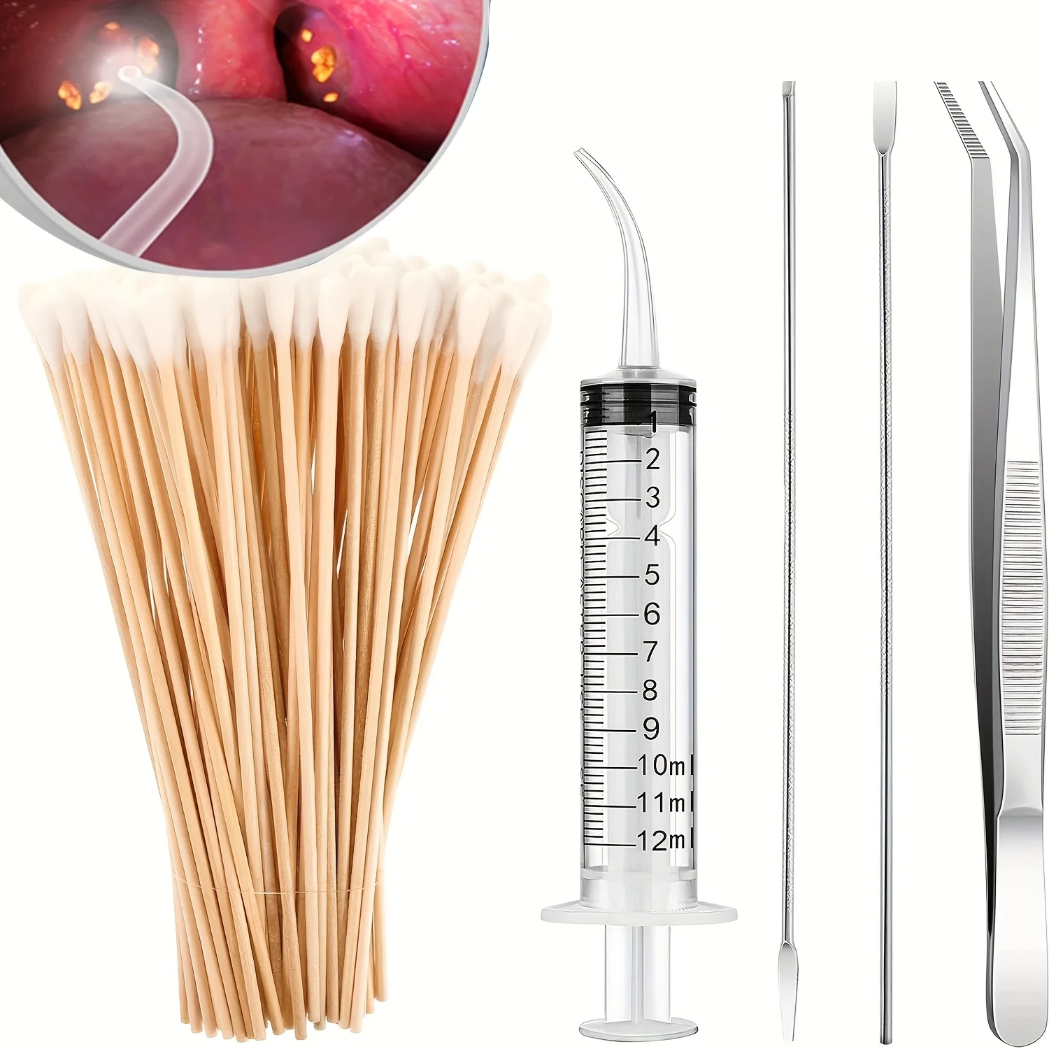 

Tonsil Stone Removal Set Includes 2 Stainless Steel Tonsil Stone Removal Tools, 1 Stainless Steel Elbow Tweezers and 25 Long Swa