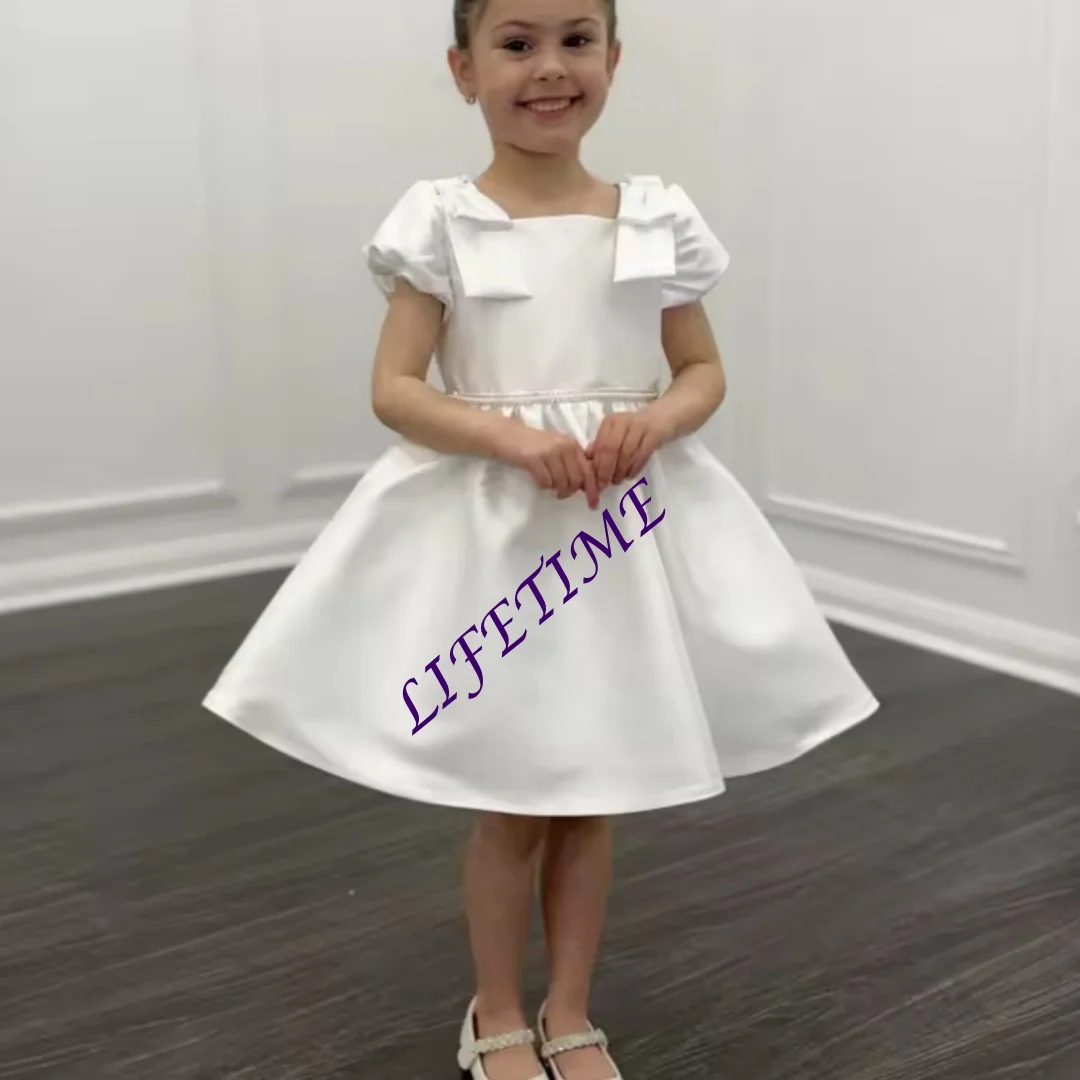 Bonito cetim criança pageant vestido branco flor menina vestido para crianças arcos pricness meninas vestido de natal para ocasião especial