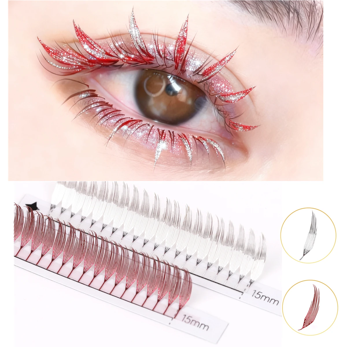 RUJADE بريق ملون أنيمي المشجعين مسبقة الصنع لاش تمديد لينة أبيض أخضر ذهبي براون كوميك سباير ريشة شكل رمش تأثيري #1