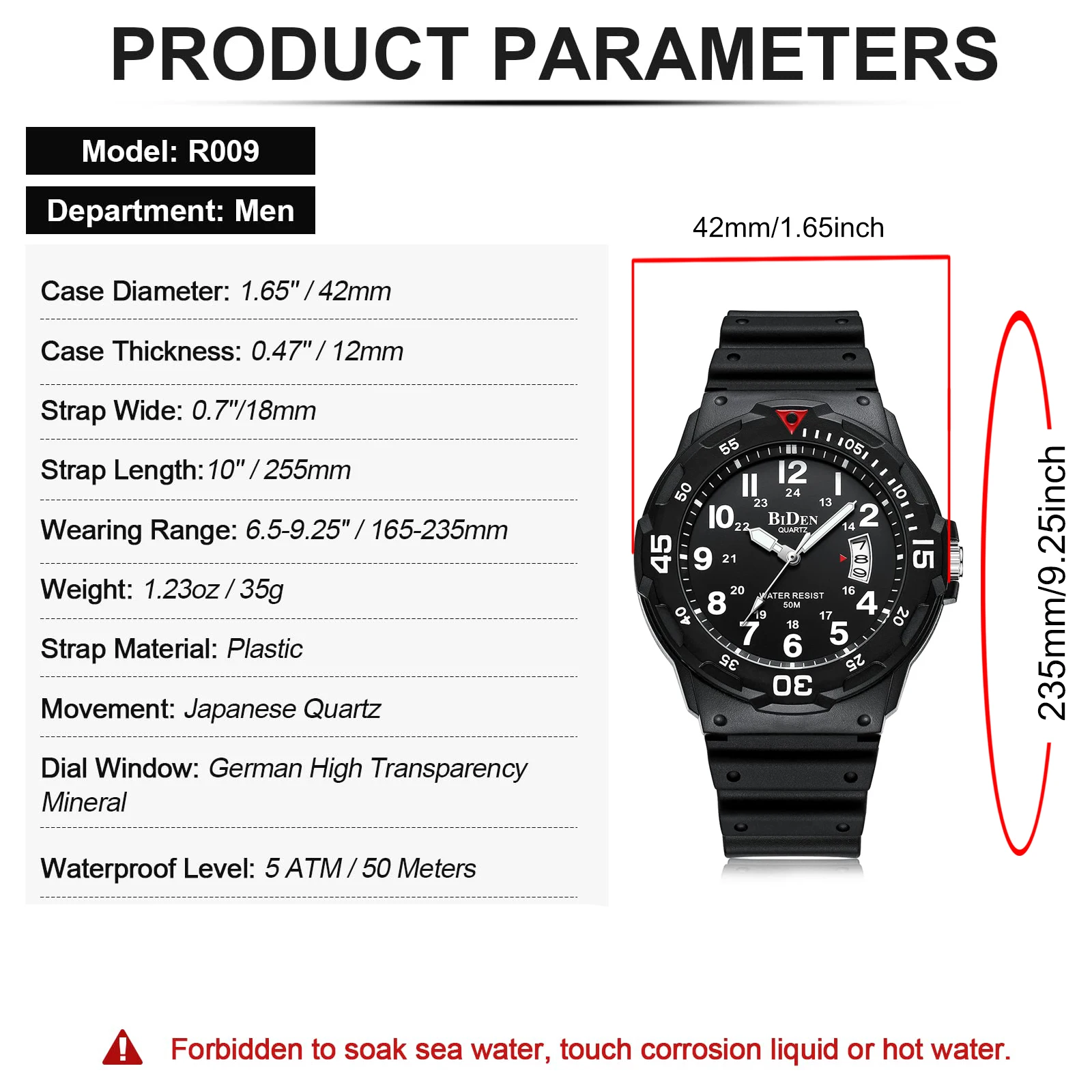 ساعة بيدن كوارتز متعددة الوظائف للرجال مقاومة للماء بتقويم مضيء وساعات رياضية للرجال خفيفة الوزن 5ATM سهلة القراءة #6