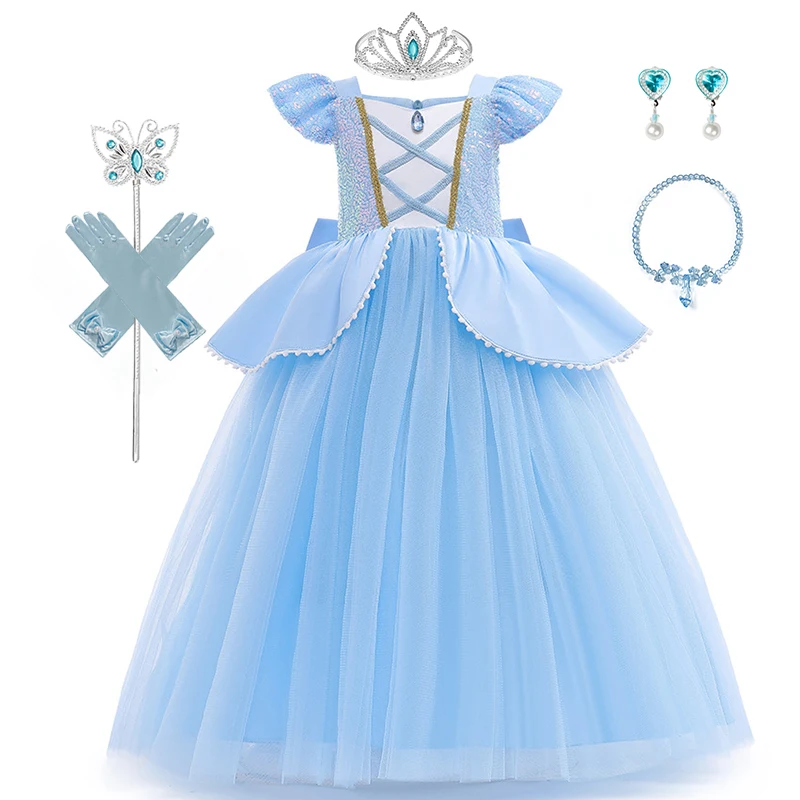 2-10Y فستان سندريلي الأميرة تأثيري حلي للفتيات فستان بتصميم حالم حتى 2025 أطفال عيد الميلاد حفلة عيد ميلاد الزي مع قفازات