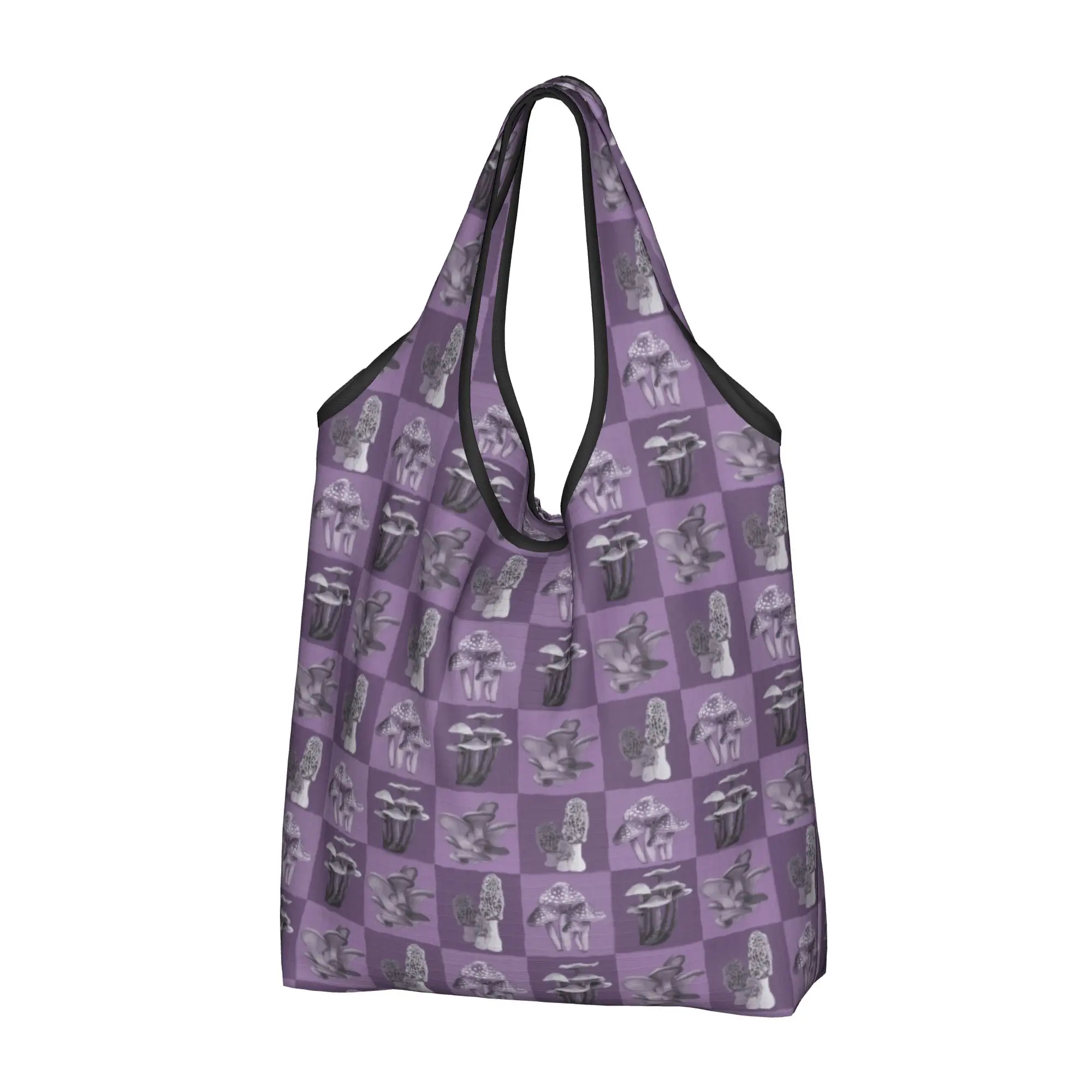 Recycling Purple Checkerboard Mushrooms Shopping Bag Women Tote Bag Portable  Grocery Shopper Bags
