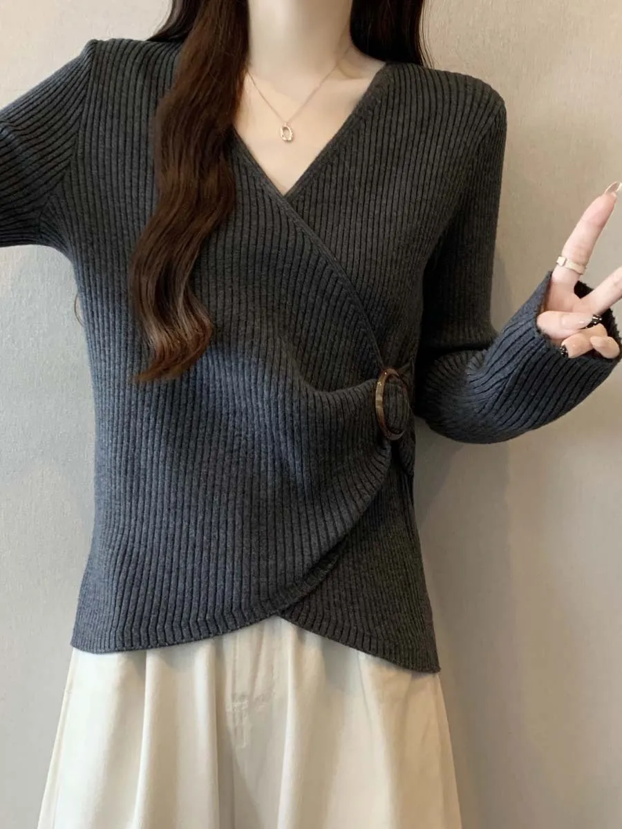 

Ele ey V-Ne Long Sve Knitted Top Women's Base Layer Slimming Waist Design Autumn Winter plus Size Faionable Comm...