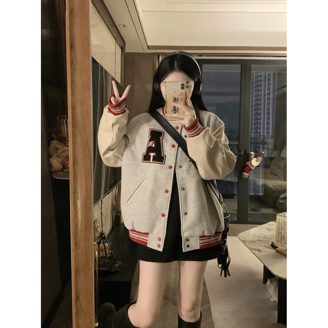 

American Sle Heavy Embroidery Baseball Jaet Women's Casual Retro Design Couple's Jaet Top Long Sve Regular Length