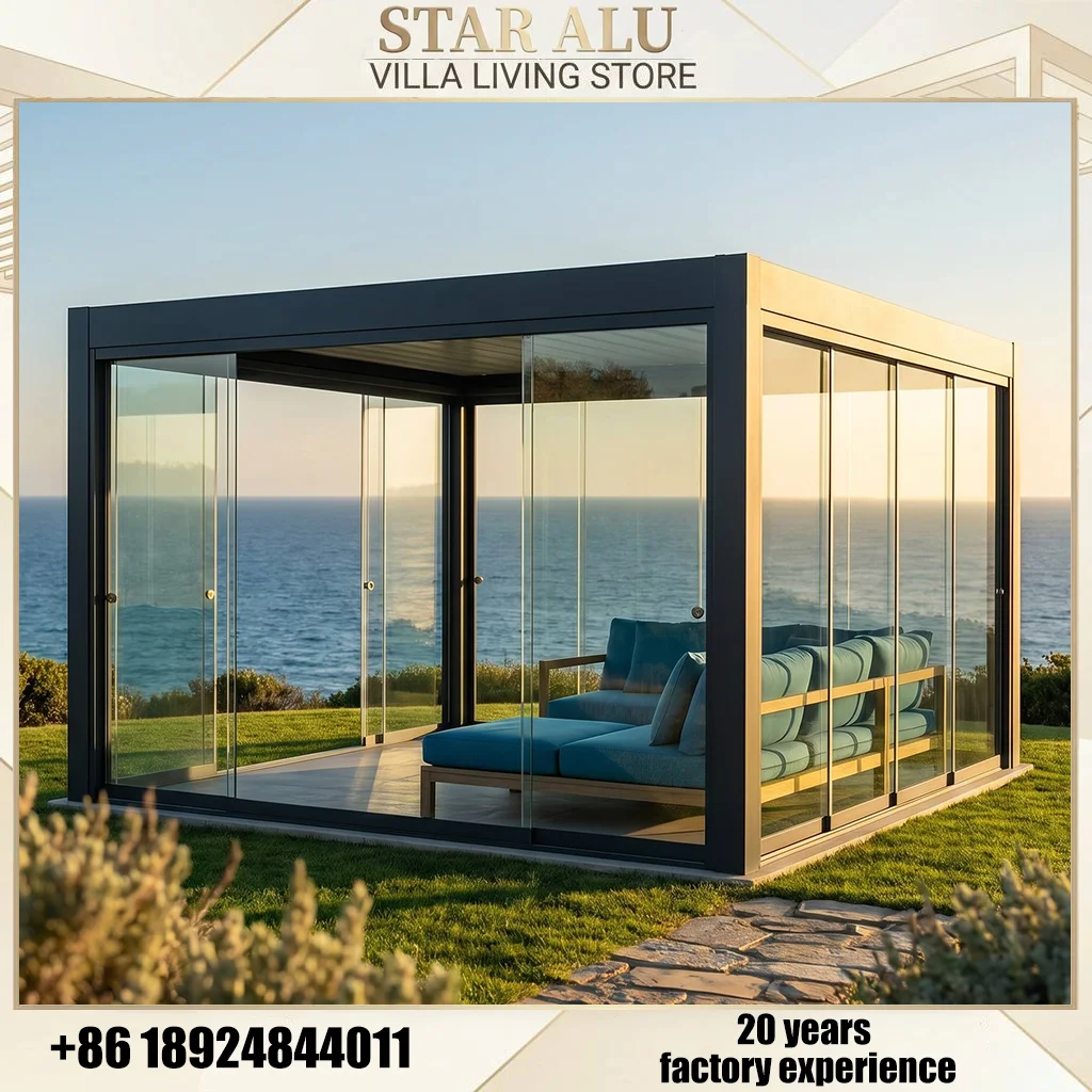 Aluminum Louvered Pergola Gazebo with Motorized Roof and Sliding Glass Doors for Poolside Villa