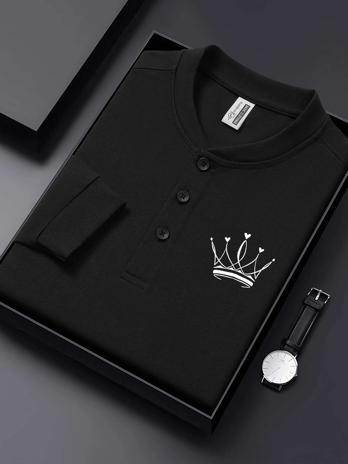 

Базовые рубашки на пуговицах с простым принтом и короной и сердцем, мужская футболка с вырезом Генри, хлопковая спортивная футболка с длинным рукавом, универсальная повседневная уличная одежда