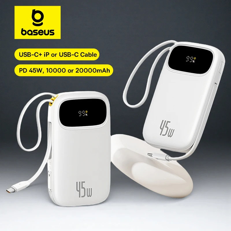 Baseus 45W 20000mAh Power Bank 10000mAh Built-In Retractable USB-C & Lightning Cable for iPhone 17 16 15 Samsung S25 Xiaomi Poco