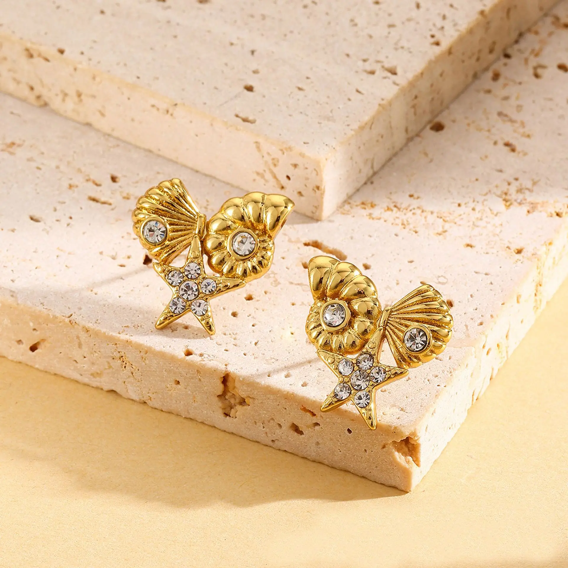 EILIECK 316L Stainless Steel Starfish Shell Zircon Stud Earrings For Women Fashion Waterproof Ear Jewelry Girls Gift Bijoux