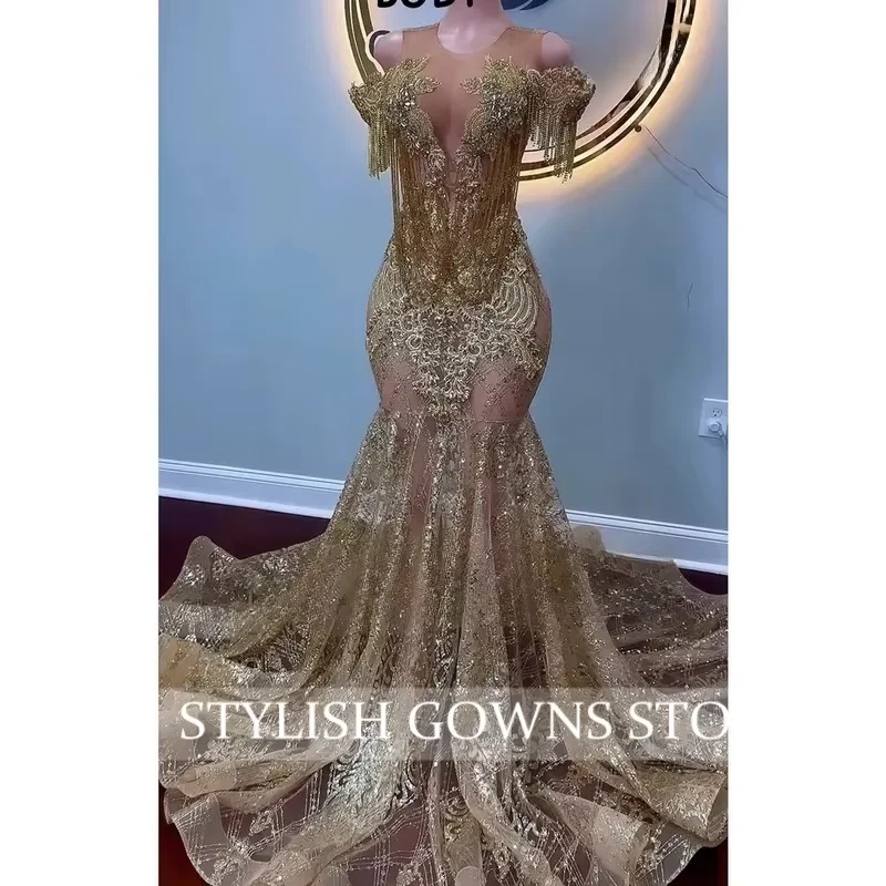 Glittle Gold Long Prom Dresses 2025 Luxury Off Shoulder Bead Rhinestones Tassels Formal Party Gala Graduation Gowns Customized